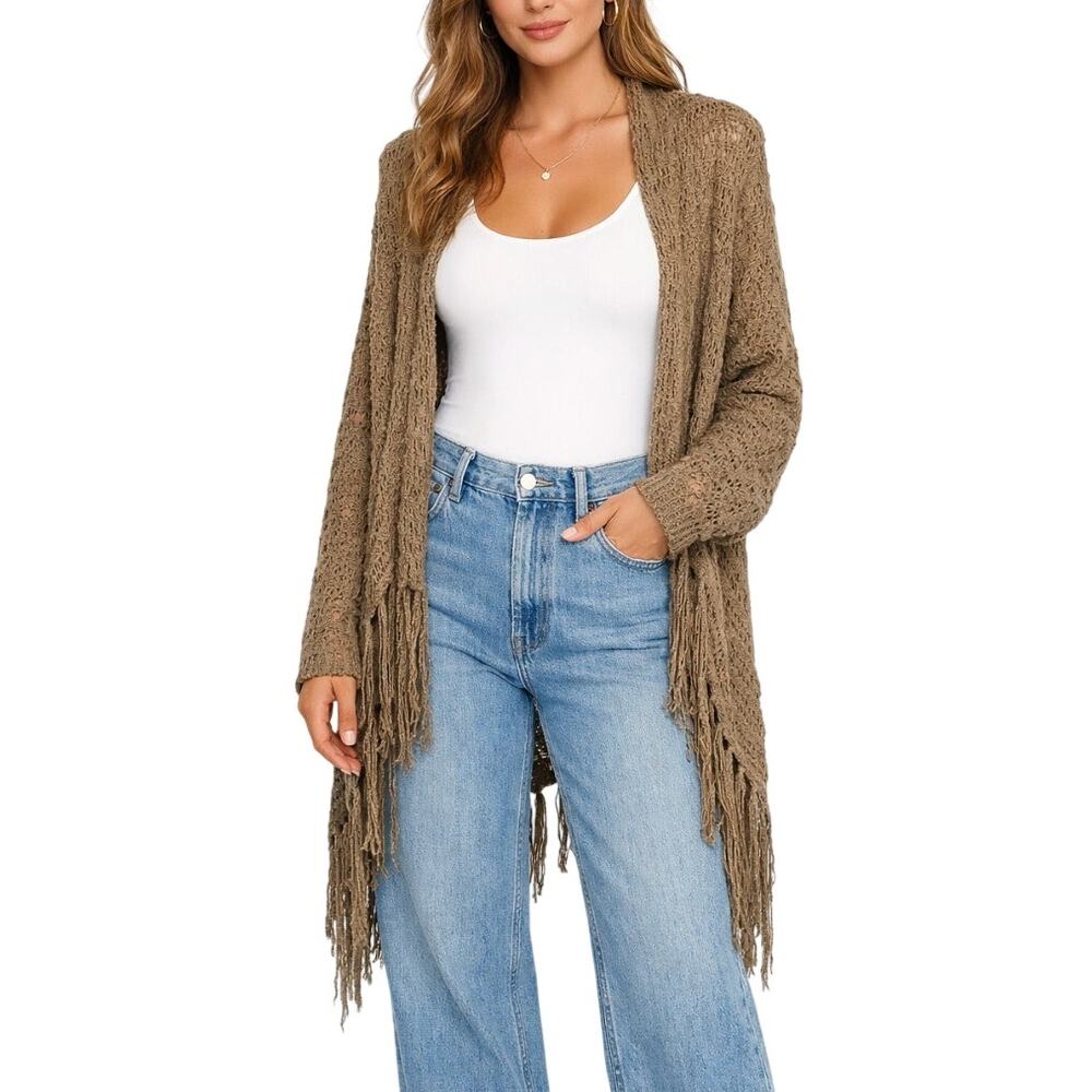 Y2k Miracle City Taupe Open Knit Fringe Longline Duster Cardigan Small Medium